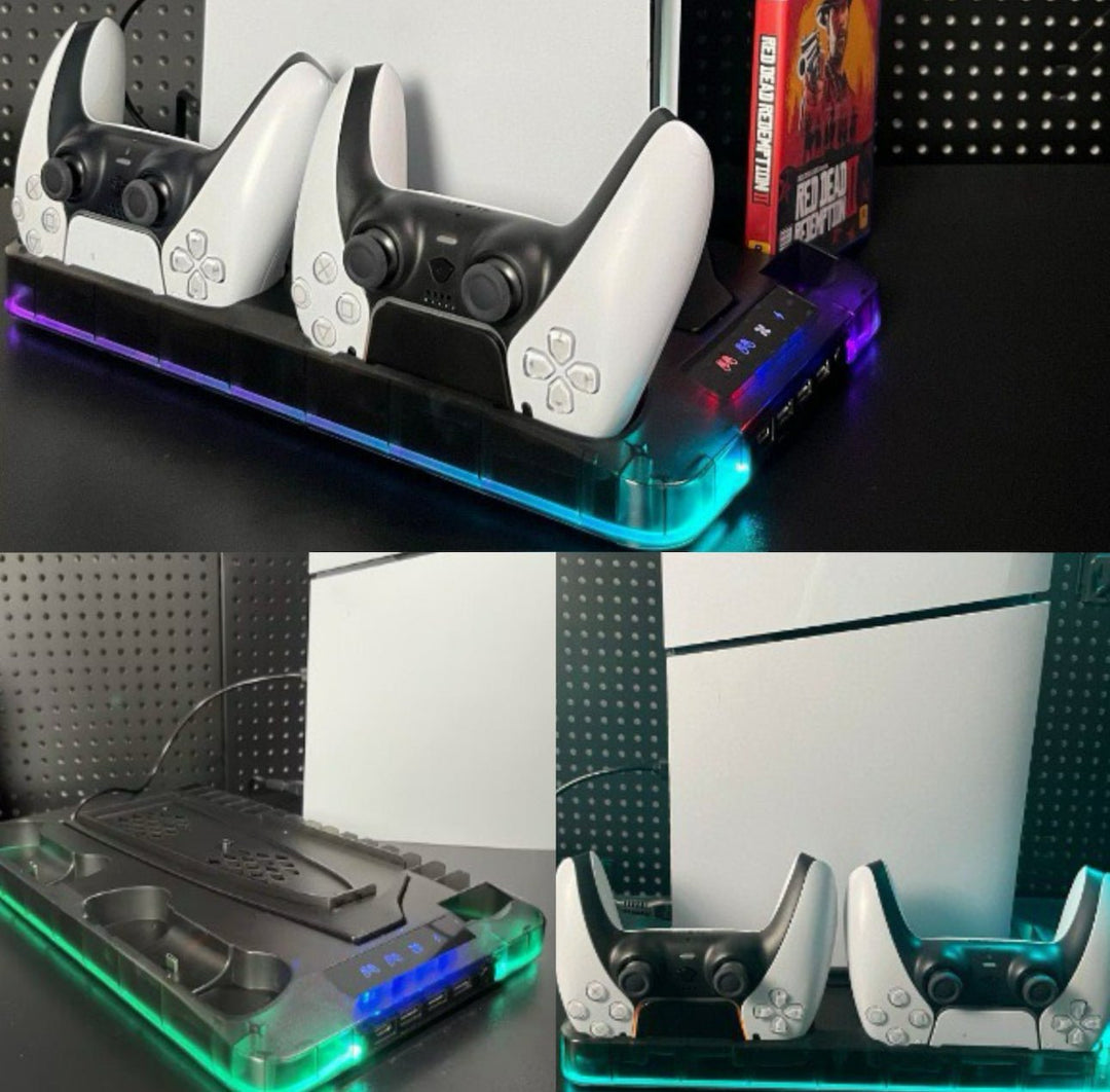 PS5 opladningsstation med RGB-lys, oplader to controllere, sort design, forbedrer gaming-rummets stil og organisation