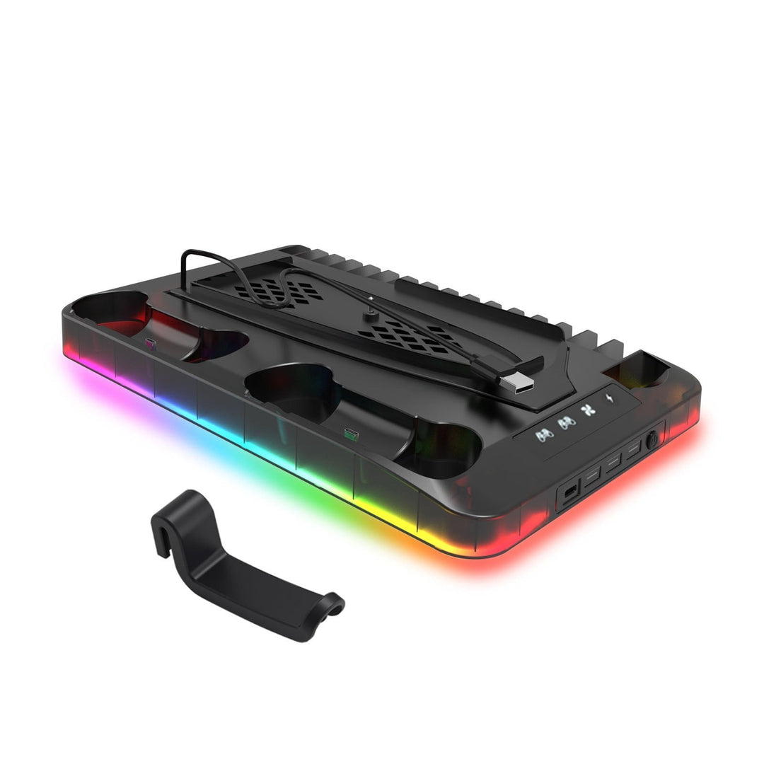 PS5 opladningsstation med RGB-lys, oplader to controllere, sort design, forbedrer gaming-rummets stil og organisation