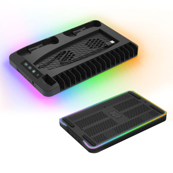 PS5 opladningsstation med RGB-lys, oplader to controllere, sort design, forbedrer gaming-rummets stil og organisation