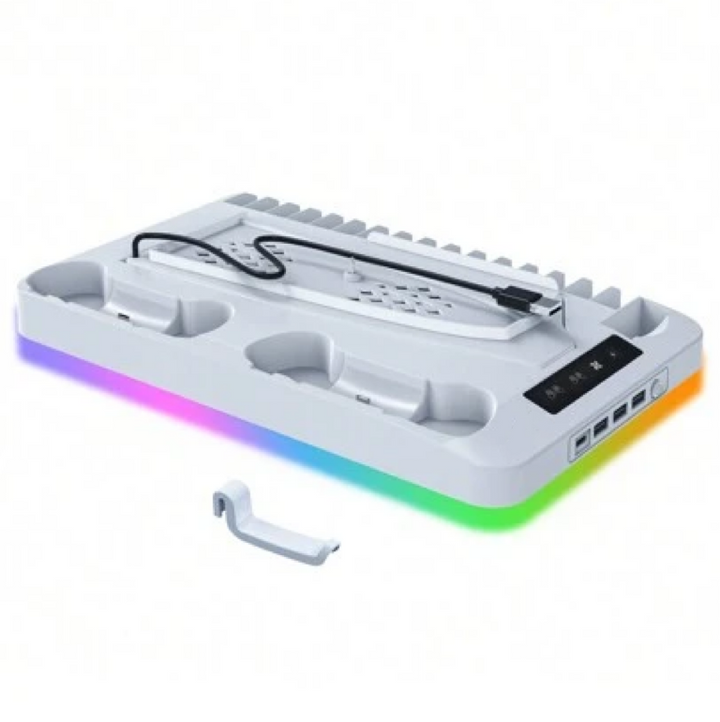 PS5 opladningsstation med RGB-lys, oplader to controllere, sort design, forbedrer gaming-rummets stil og organisation
