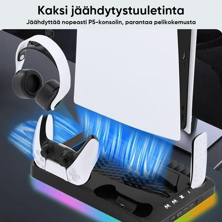 PS5 opladningsstation med RGB-lys, oplader to controllere, sort design, forbedrer gaming-rummets stil og organisation