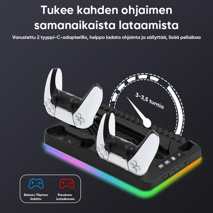 PS5 opladningsstation med RGB-lys, oplader to controllere, sort design, forbedrer gaming-rummets stil og organisation