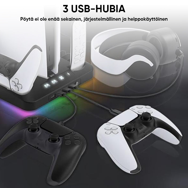 PS5 opladningsstation med RGB-lys, oplader to controllere, sort design, forbedrer gaming-rummets stil og organisation