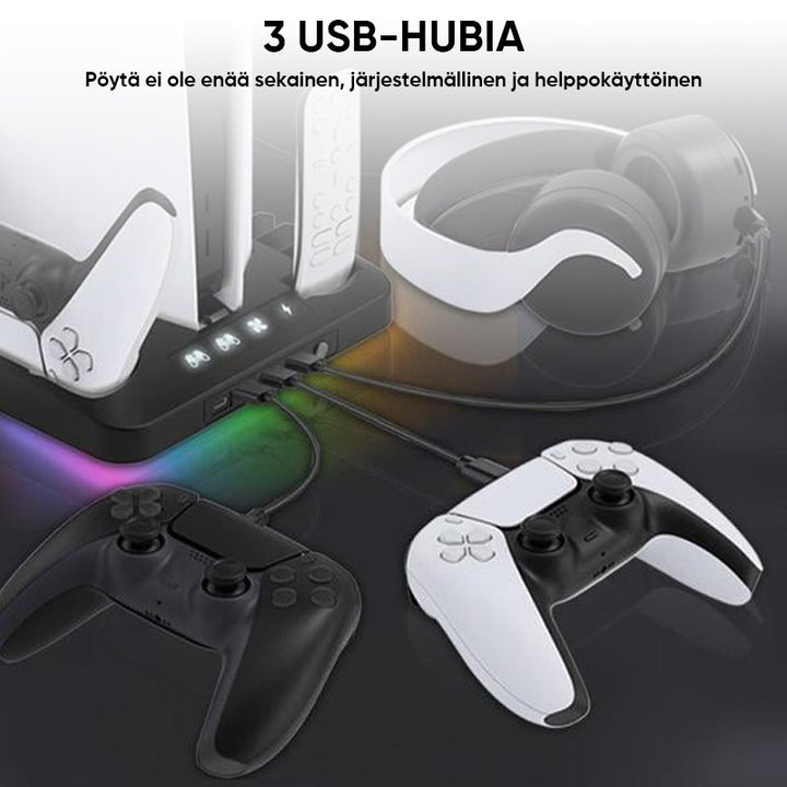 PS5 opladningsstation med RGB-lys, oplader to controllere, sort design, forbedrer gaming-rummets stil og organisation