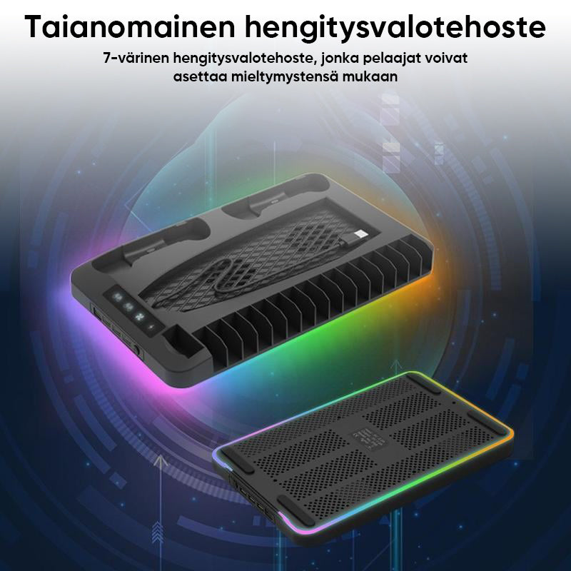 PS5 opladningsstation med RGB-lys, oplader to controllere, sort design, forbedrer gaming-rummets stil og organisation