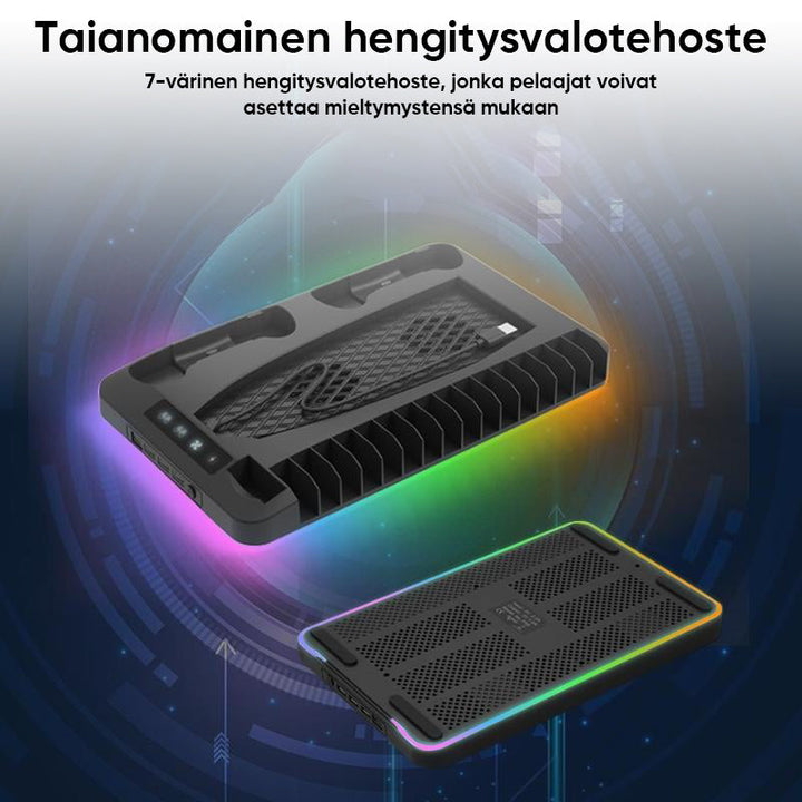 PS5 opladningsstation med RGB-lys, oplader to controllere, sort design, forbedrer gaming-rummets stil og organisation