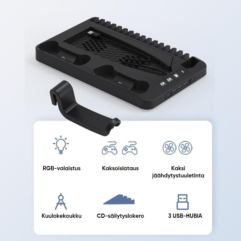 PS5 opladningsstation med RGB-lys, oplader to controllere, sort design, forbedrer gaming-rummets stil og organisation