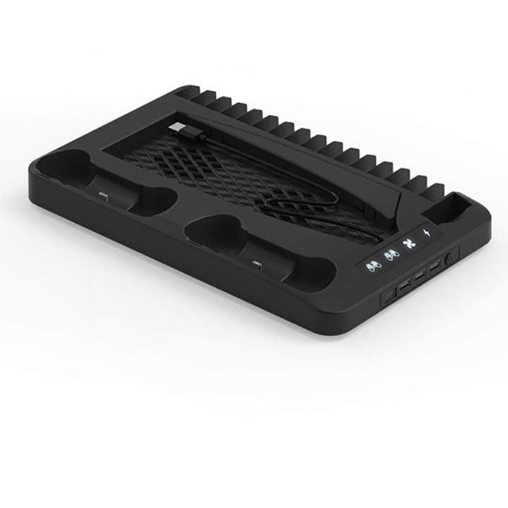 PS5 opladningsstation med RGB-lys, oplader to controllere, sort design, forbedrer gaming-rummets stil og organisation