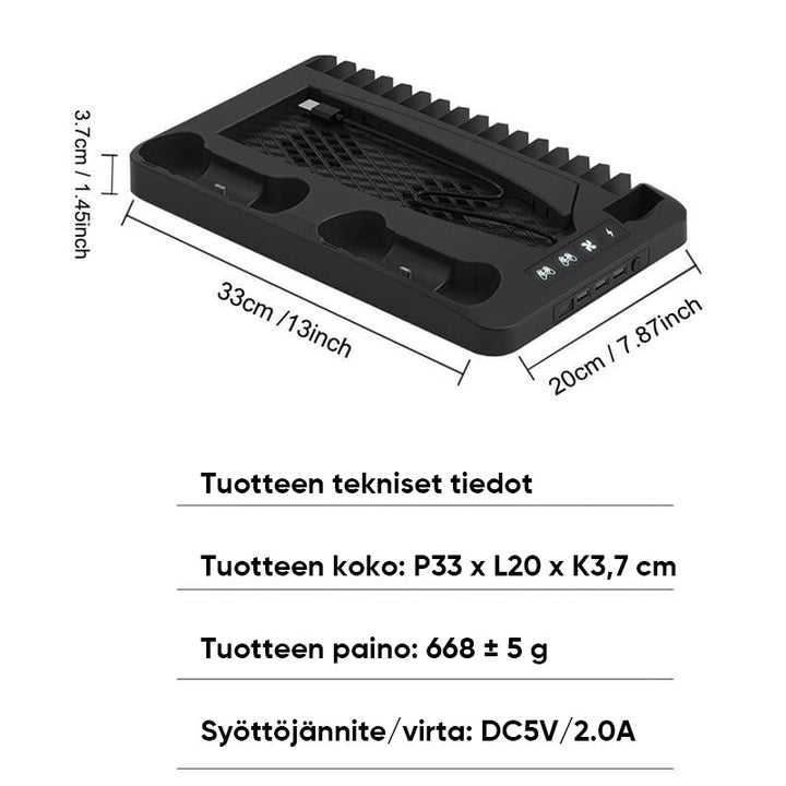 PS5 opladningsstation med RGB-lys, oplader to controllere, sort design, forbedrer gaming-rummets stil og organisation
