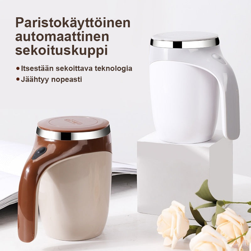 "Paristokäyttöinen automaattinen sekoittava kahvikuppi, ruostumaton teräs, ruskea ja valkoinen, ylhäältäpäin kuvattuna"