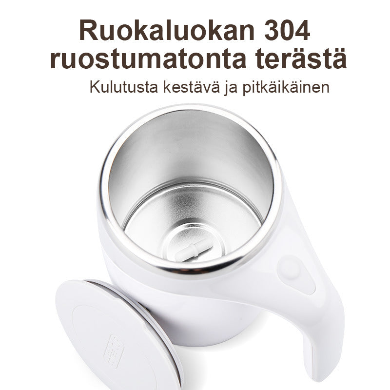 "Paristokäyttöinen automaattinen sekoittava kahvikuppi, ruostumaton teräs, ruskea ja valkoinen, ylhäältäpäin kuvattuna"