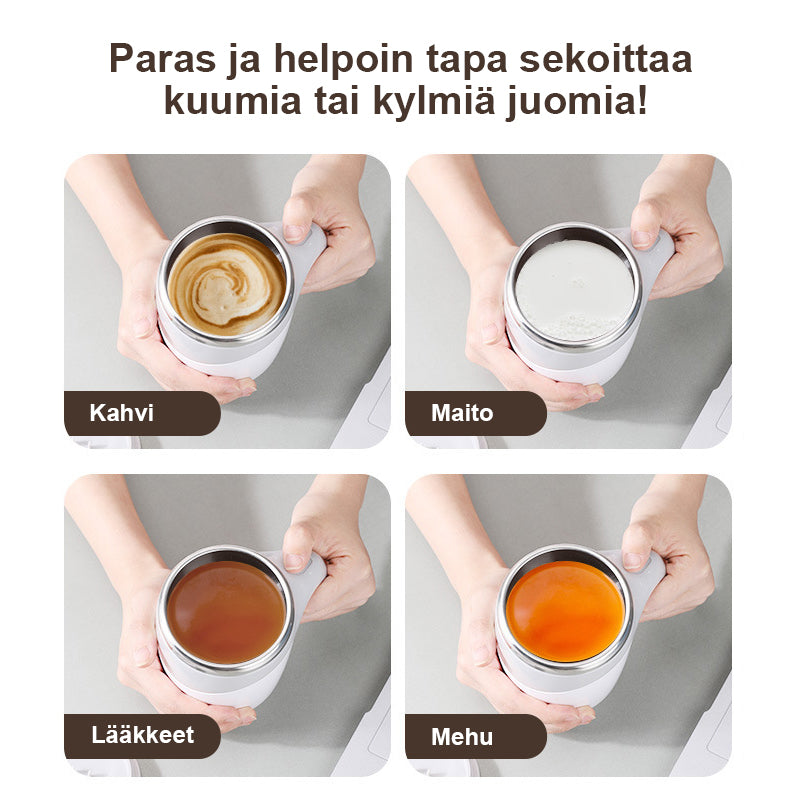 "Paristokäyttöinen automaattinen sekoittava kahvikuppi, ruostumaton teräs, ruskea ja valkoinen, ylhäältäpäin kuvattuna"