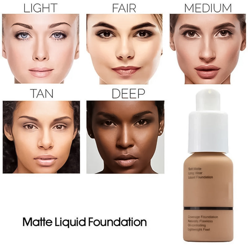 "Blød flydende mat foundation, med let og dækkende tekstur, til alle hudtyper, 30 ml flaske."
