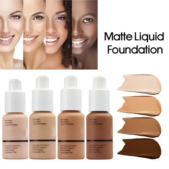 "Blød flydende mat foundation, med let og dækkende tekstur, til alle hudtyper, 30 ml flaske."