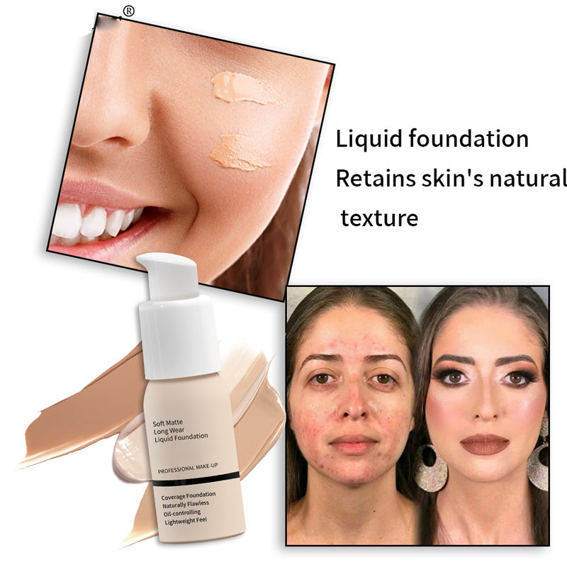 "Blød flydende mat foundation, med let og dækkende tekstur, til alle hudtyper, 30 ml flaske."