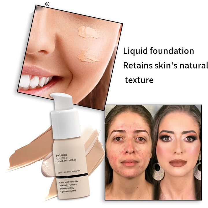 "Blød flydende mat foundation, med let og dækkende tekstur, til alle hudtyper, 30 ml flaske."