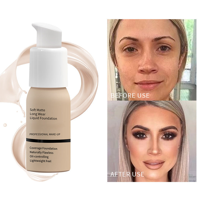 "Blød flydende mat foundation, med let og dækkende tekstur, til alle hudtyper, 30 ml flaske."