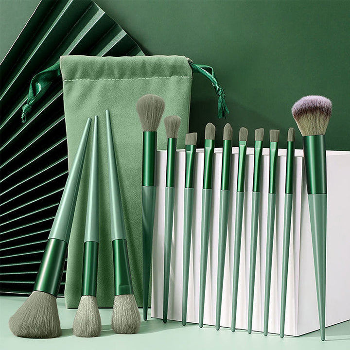 Bløde 13 stk make-up pensler til kvinder, grøn/gul, elegant design og blød finish, skønhedsrutine