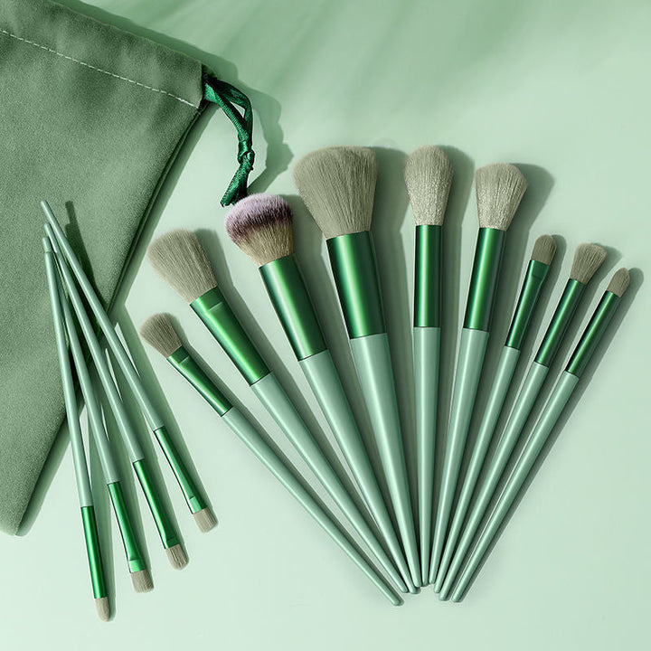 Bløde 13 stk make-up pensler til kvinder, grøn/gul, elegant design og blød finish, skønhedsrutine