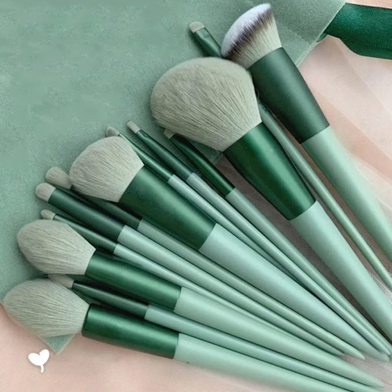 Bløde 13 stk make-up pensler til kvinder, grøn/gul, elegant design og blød finish, skønhedsrutine