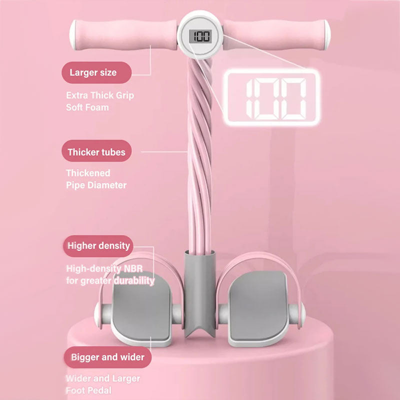 Pink dame træningspedal med modstandsbånd, kompakt og alsidigt design, effektiv til hjemmetræning.