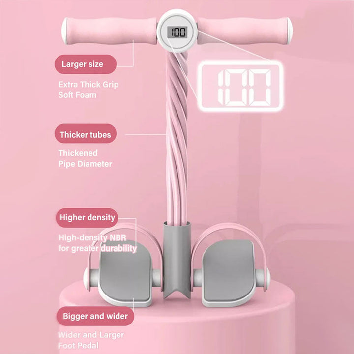 Pink dame træningspedal med modstandsbånd, kompakt og alsidigt design, effektiv til hjemmetræning.