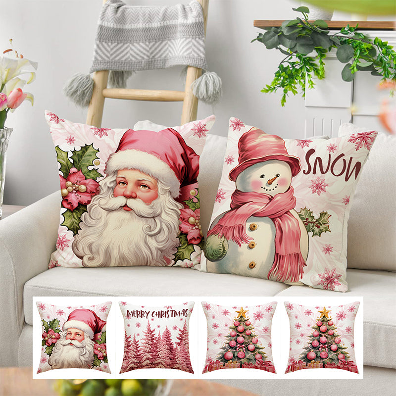 Pink linned julepudebetræk med et sødt Julemand-motiv, der skaber en varm og festlig atmosfære i hjemmet.