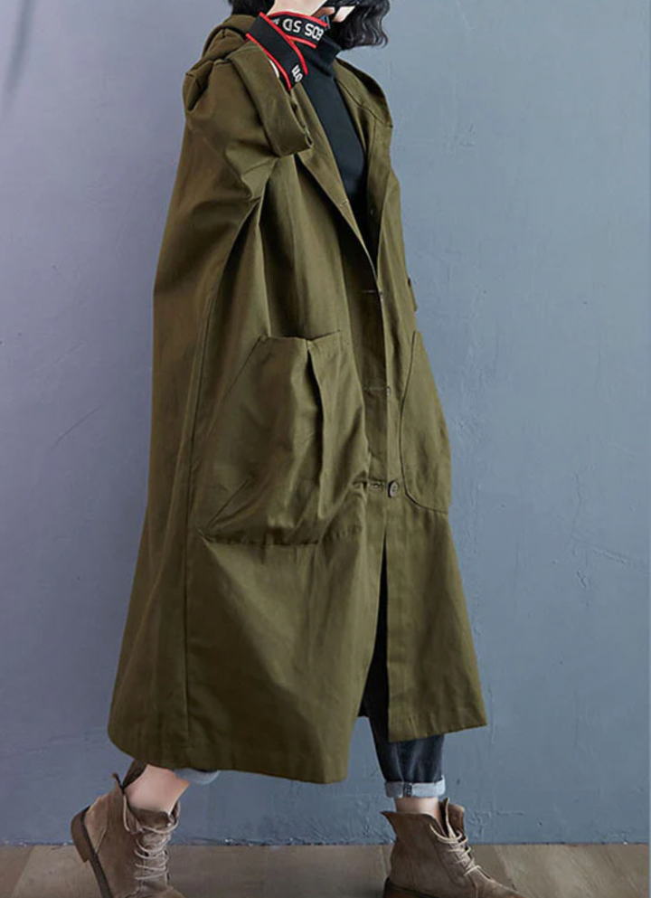 Lang dame uldfrakke forfra, stilfuld og varm vinterfrakke med elegant design.