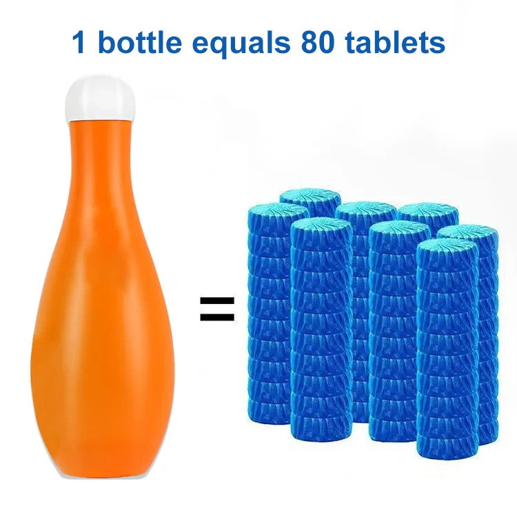 "Pitkäkestoinen kylpyhuoneen tuoksupuhdistaja sinisenä pullona, tarjoaa raikkaan tuoksun ja tyylikkään pakkauksen."