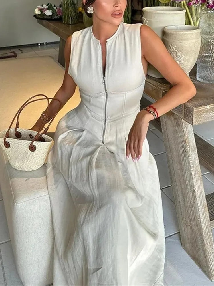 Dame plisseret bodycon midi kjole med lynlås, kropsnær, midi-længde, feminin nuance, stilfuld lynlås foran
