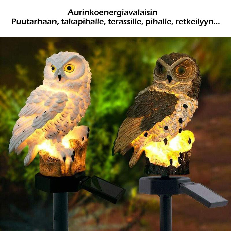 "Pöllömuotoinen LED-aurinkovalo, valkoinen ja ruskea, koristeellinen puutarhavalaisin ulkokäyttöön."