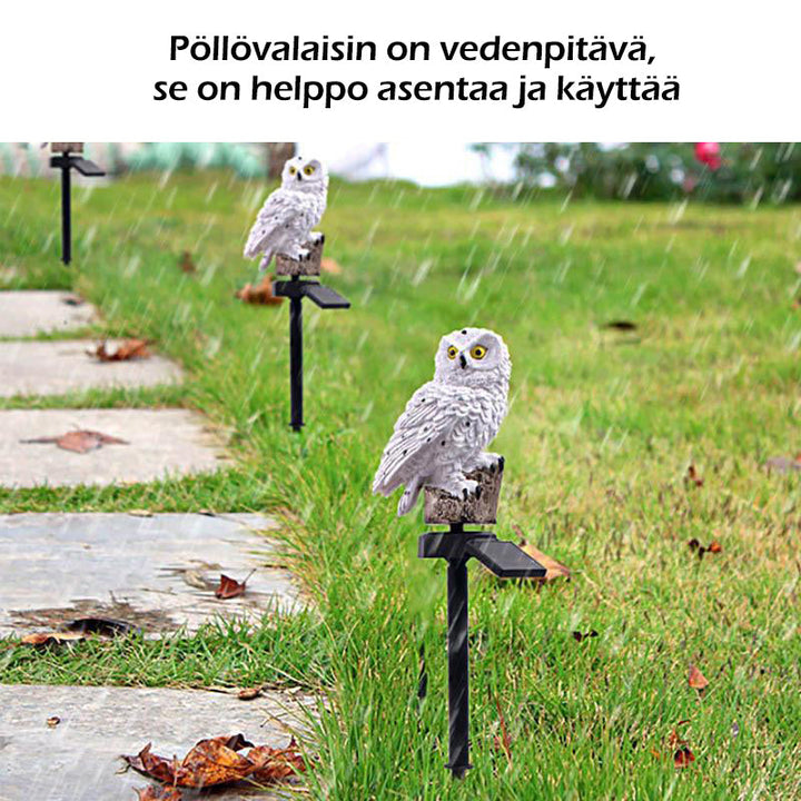 "Pöllömuotoinen LED-aurinkovalo, valkoinen ja ruskea, koristeellinen puutarhavalaisin ulkokäyttöön."