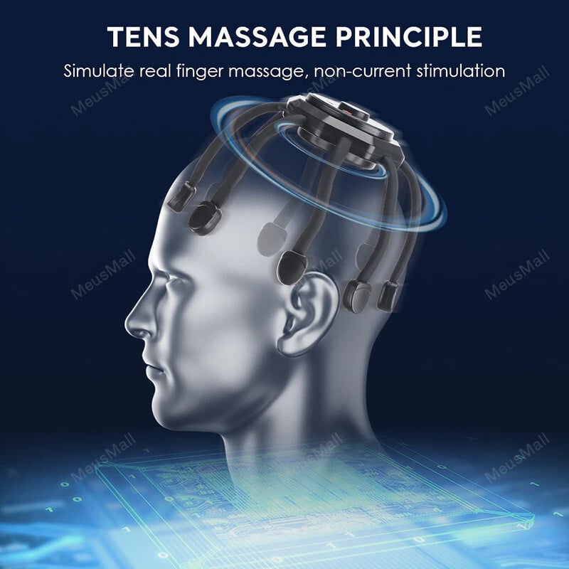Multifunktionel hovedbundsmassager til afslapning, bærbar, blå, tilbyder 360 graders massage til stresslindring.