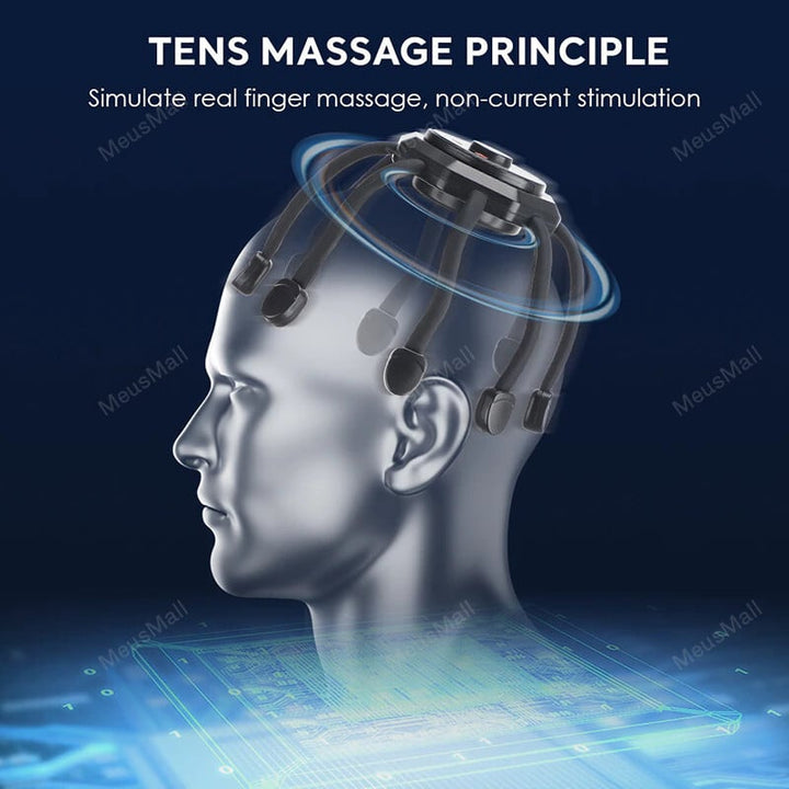 Multifunktionel hovedbundsmassager til afslapning, bærbar, blå, tilbyder 360 graders massage til stresslindring.