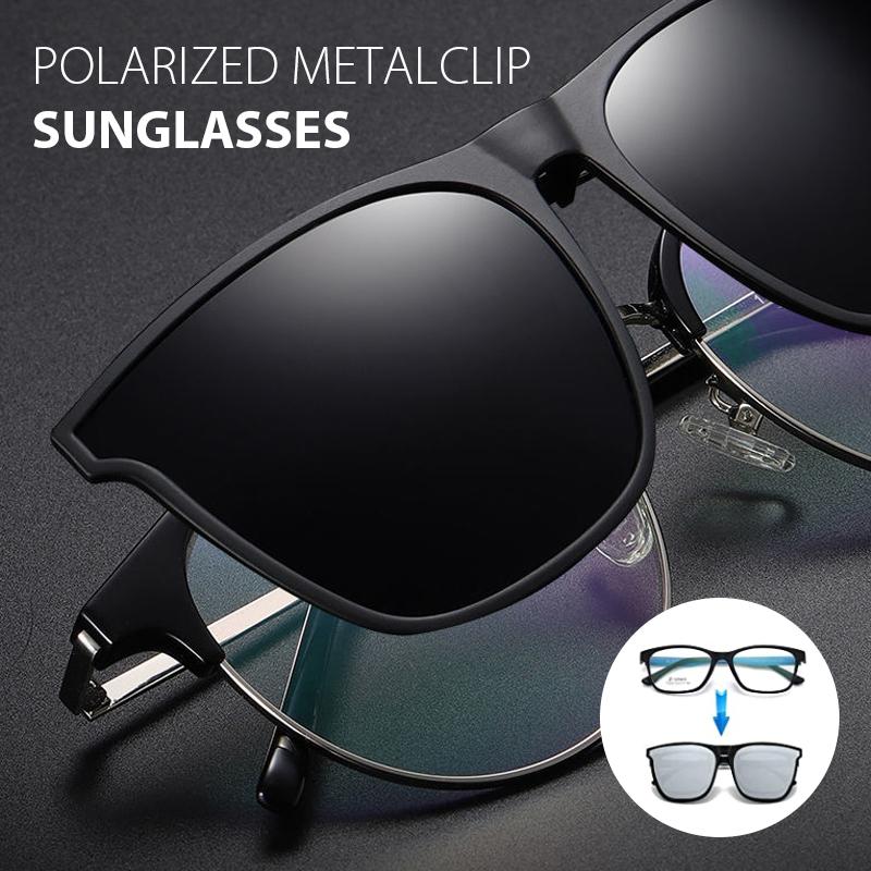 Polariserede unisex Clip-on solbriller Flip Up, sølvstel, mørke linser, stilfuldt og praktisk design.