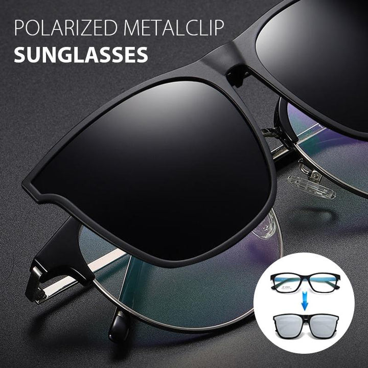 Polariserede unisex Clip-on solbriller Flip Up, sølvstel, mørke linser, stilfuldt og praktisk design.