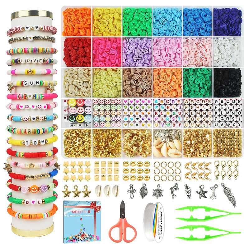 DIY smykkefremstillingssæt med polymerlerperler, farverige perler, bogstaver og charms, håndarbejdssæt til voksne og børn.