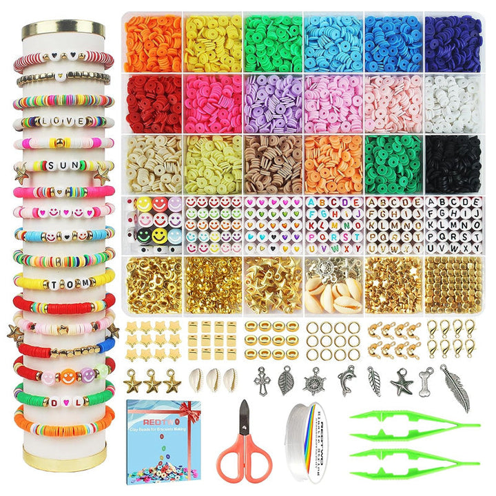 DIY smykkefremstillingssæt med polymerlerperler, farverige perler, bogstaver og charms, håndarbejdssæt til voksne og børn.