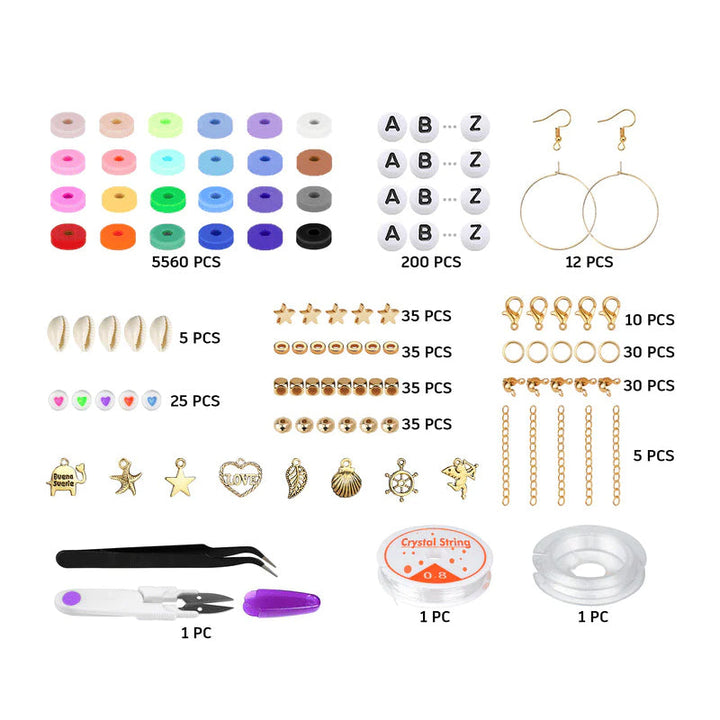 DIY smykkefremstillingssæt med polymerlerperler, farverige perler, bogstaver og charms, håndarbejdssæt til voksne og børn.