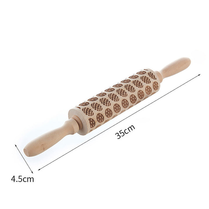 Påske-præget dejrulle i massivt træ med smukke indgraveringer, 35 cm, lavet af poppeltræ, ergonomisk, køkkenredskab.