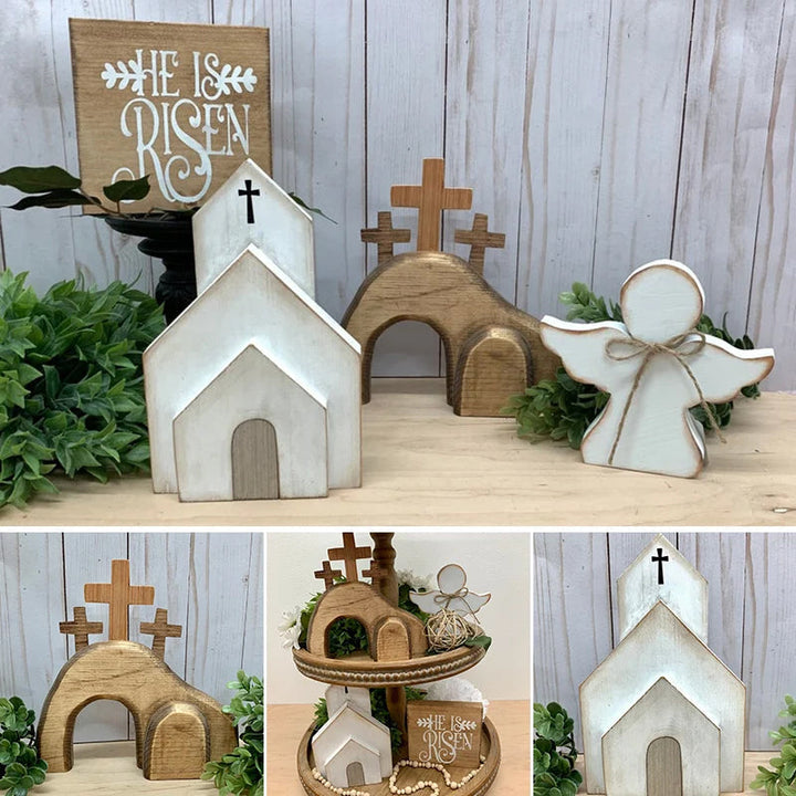Påskepynt træ pyramidet tray med detaljer af engel, kirke og grav. Dekoration til sæsonbestemt interiør.