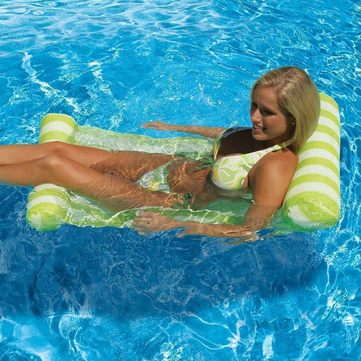 Oppustelig vandlig hængekøje i vandet, ergonomisk design, hoved og fødder flydende, perfekt til pool og strand.