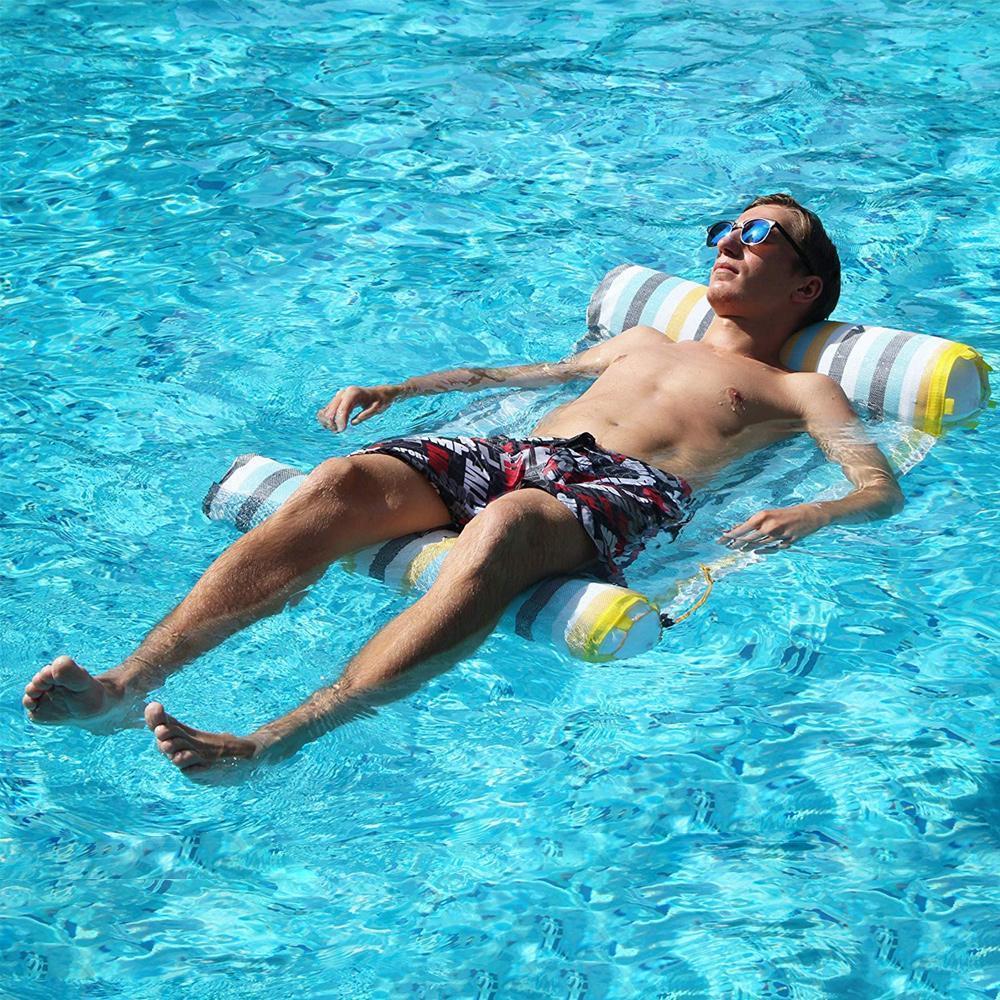 Oppustelig vandlig hængekøje i vandet, ergonomisk design, hoved og fødder flydende, perfekt til pool og strand.