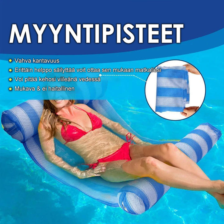 Oppustelig vandlig hængekøje i vandet, ergonomisk design, hoved og fødder flydende, perfekt til pool og strand.