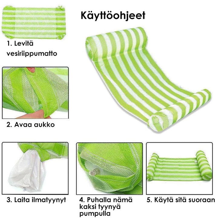 Oppustelig vandlig hængekøje i vandet, ergonomisk design, hoved og fødder flydende, perfekt til pool og strand.