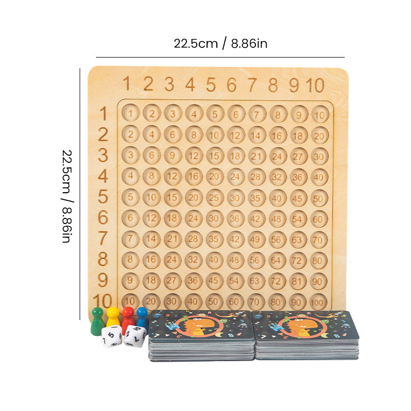Træ multiplikationsspil til børn i Montessori-stil, inklusive farverige brikker og kort, sjov og nem læring.