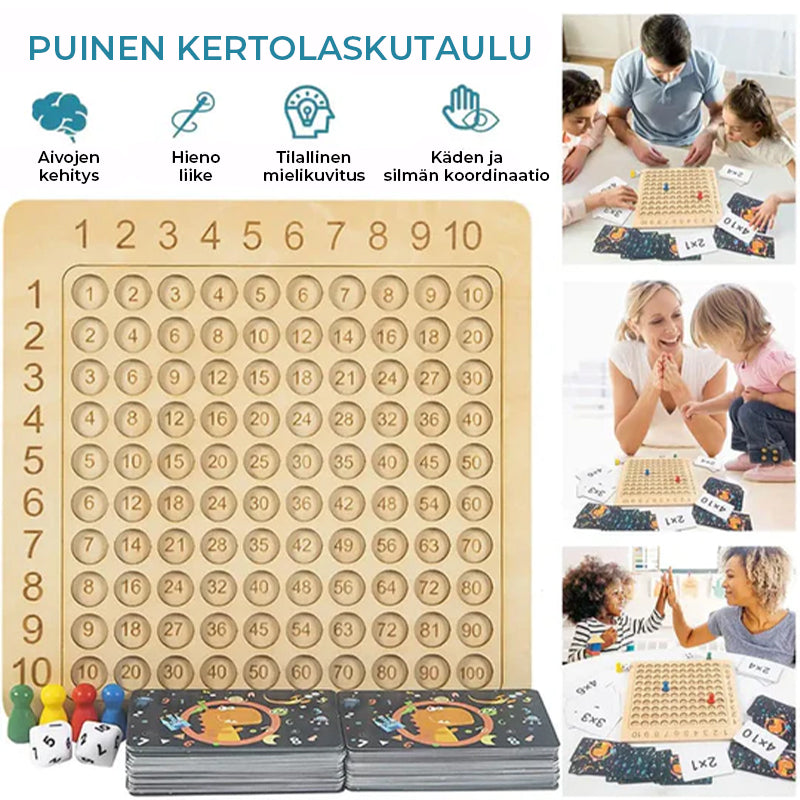 Træ multiplikationsspil til børn i Montessori-stil, inklusive farverige brikker og kort, sjov og nem læring.