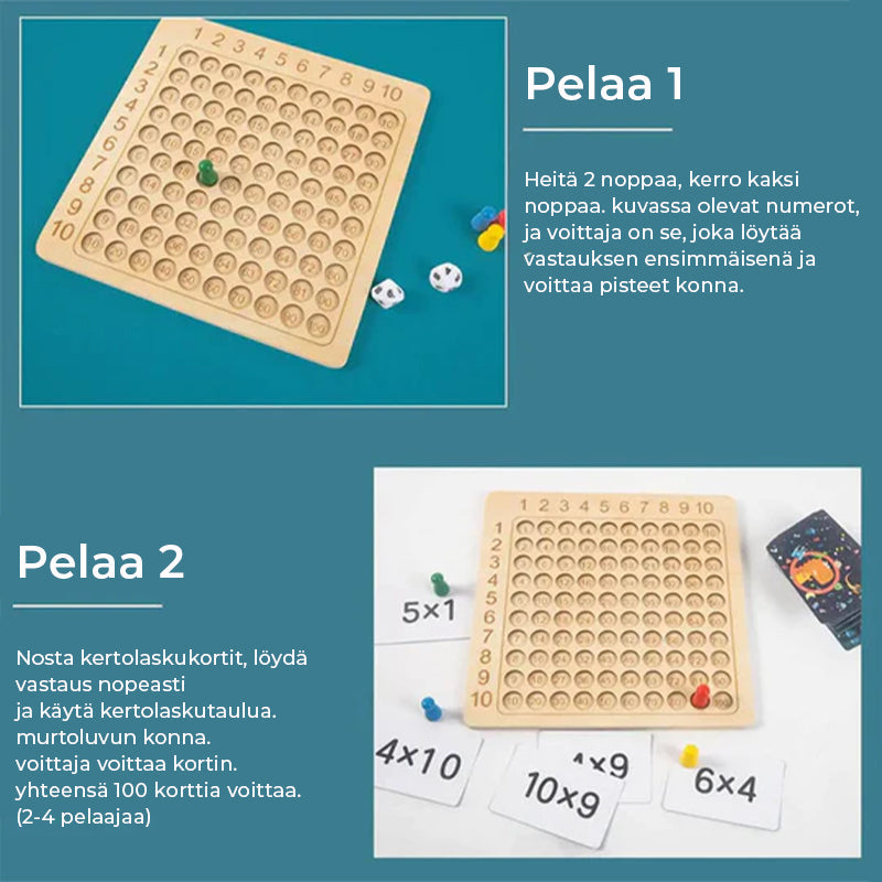 Træ multiplikationsspil til børn i Montessori-stil, inklusive farverige brikker og kort, sjov og nem læring.