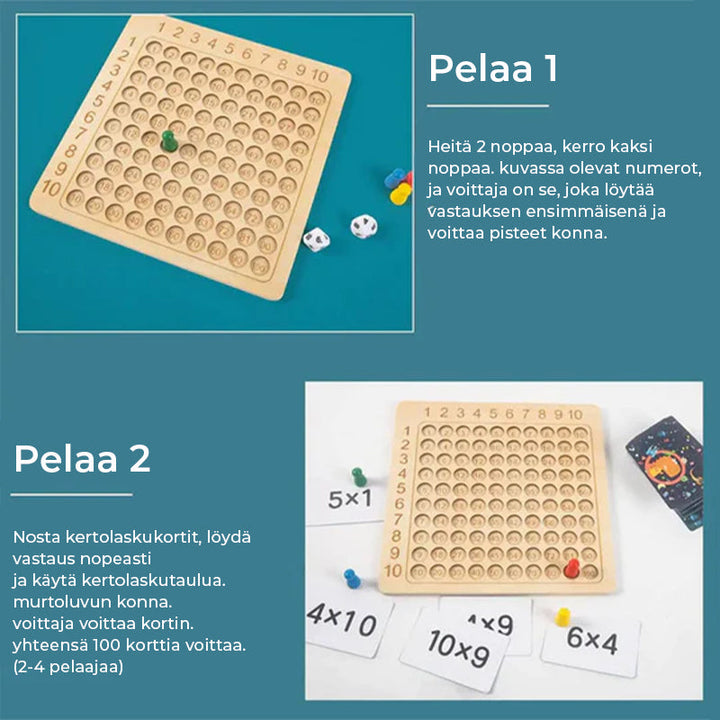 Træ multiplikationsspil til børn i Montessori-stil, inklusive farverige brikker og kort, sjov og nem læring.