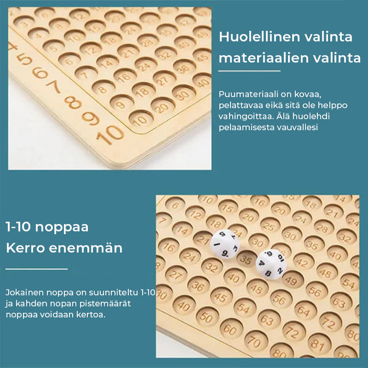 Træ multiplikationsspil til børn i Montessori-stil, inklusive farverige brikker og kort, sjov og nem læring.